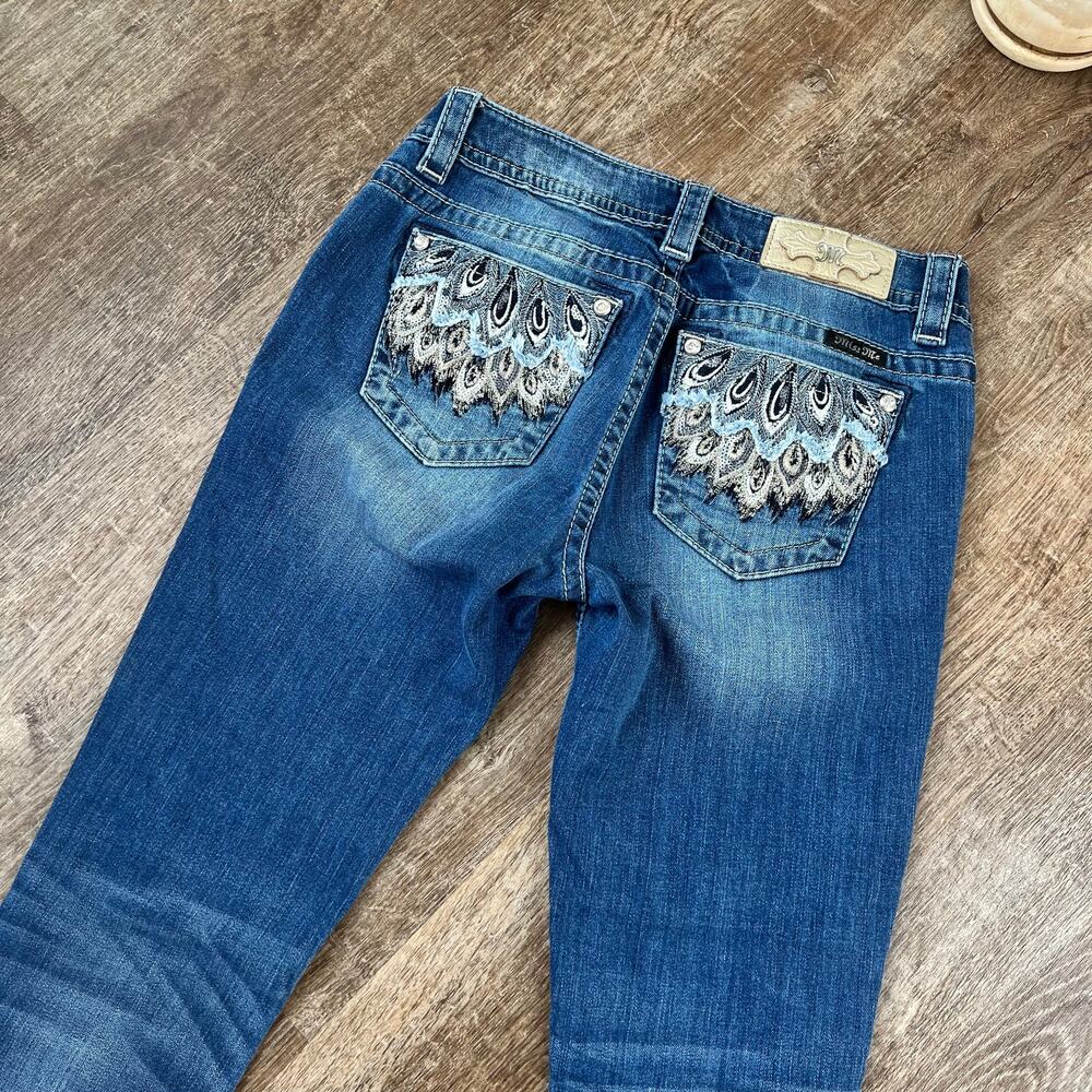Miss Me Jeans Bootcut Medium Wash Jeweled Pockets Embroidered Gold Flowers - Picture 4 of 8